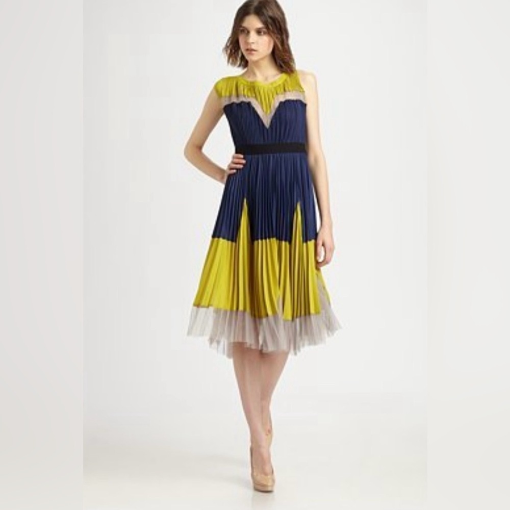 Vintage BCBGMaxAzria Lucea Colorblock Pleated Midi Dress